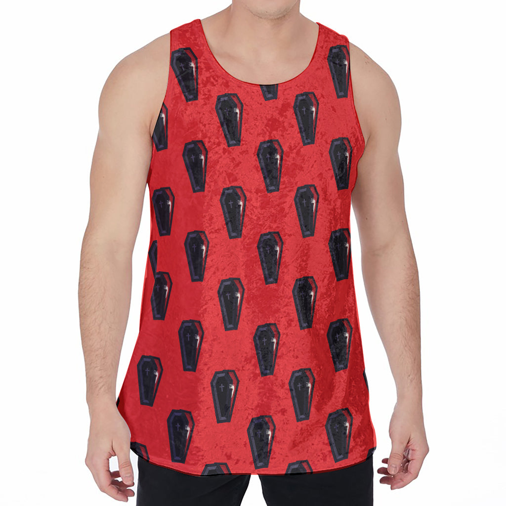 Orange Halloween Coffin Pattern Print Men's Velvet Tank Top