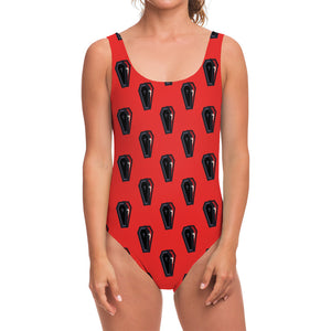 Orange Halloween Coffin Pattern Print One Piece Swimsuit