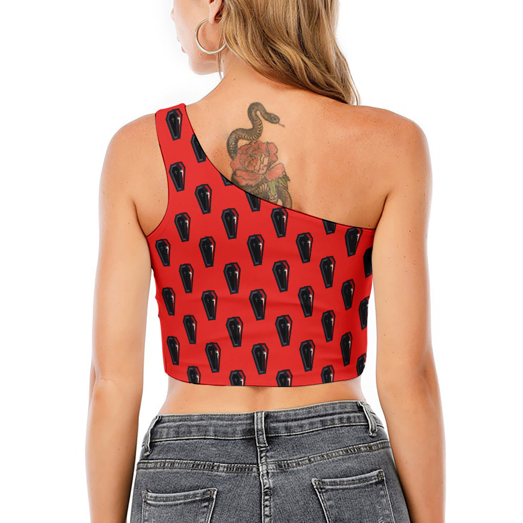 Orange Halloween Coffin Pattern Print One Shoulder Crop Top