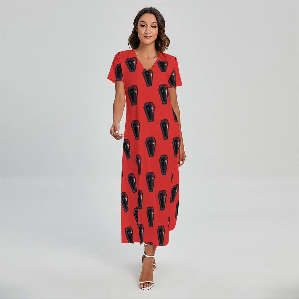 Orange Halloween Coffin Pattern Print Short Sleeve Maxi Dress