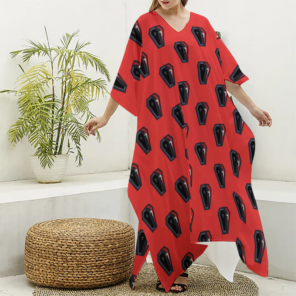 Orange Halloween Coffin Pattern Print Silk V-Neck Kaftan Dress