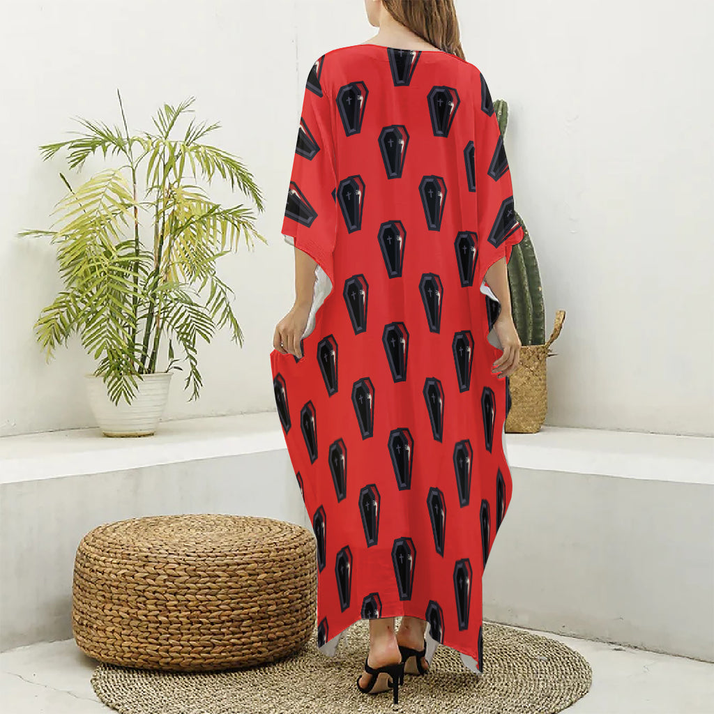 Orange Halloween Coffin Pattern Print Silk V-Neck Kaftan Dress