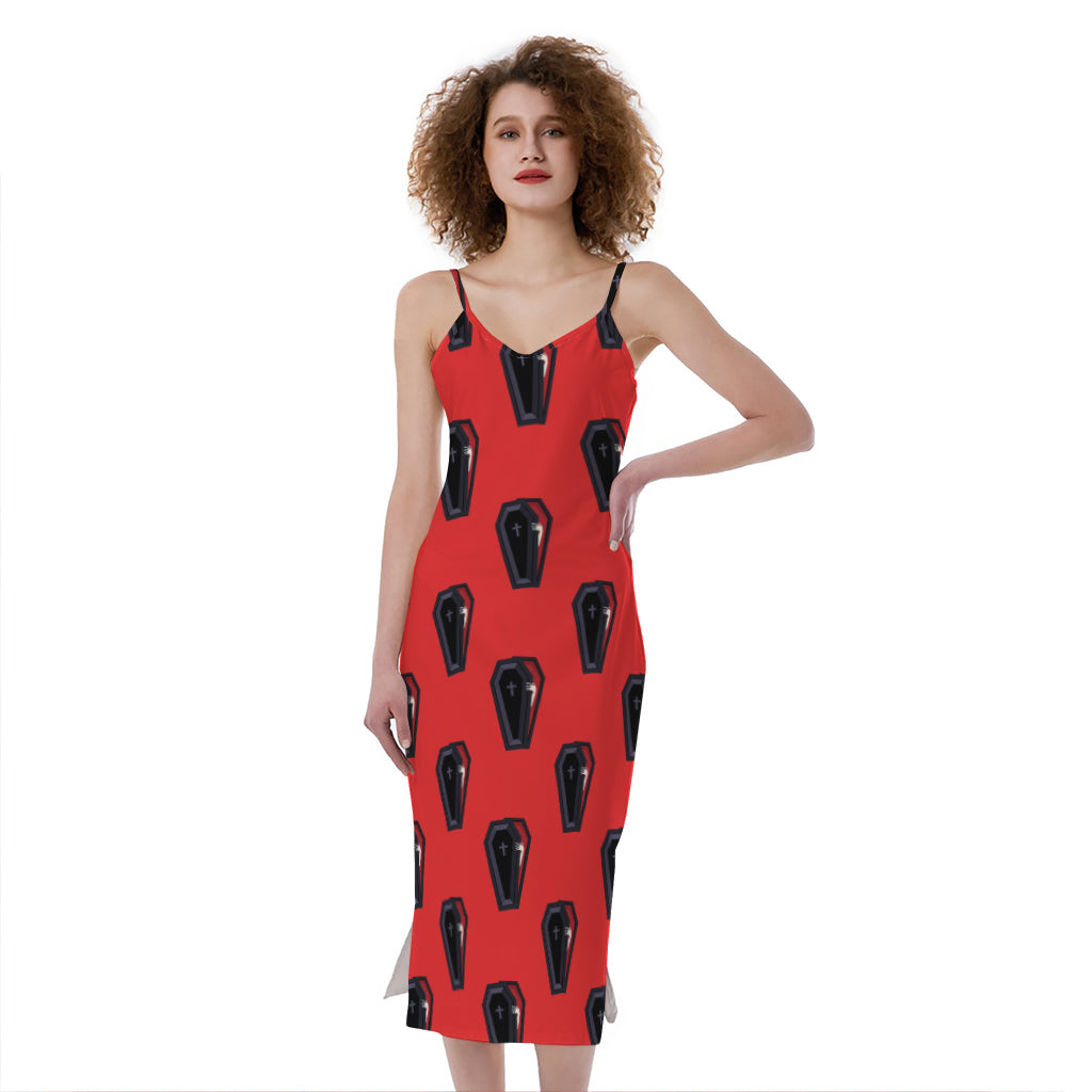 Orange Halloween Coffin Pattern Print Slim Fit Midi Cami Dress