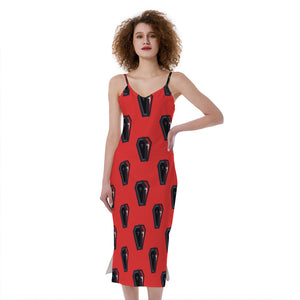 Orange Halloween Coffin Pattern Print Slim Fit Midi Cami Dress