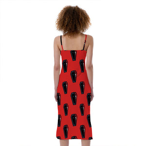 Orange Halloween Coffin Pattern Print Slim Fit Midi Cami Dress