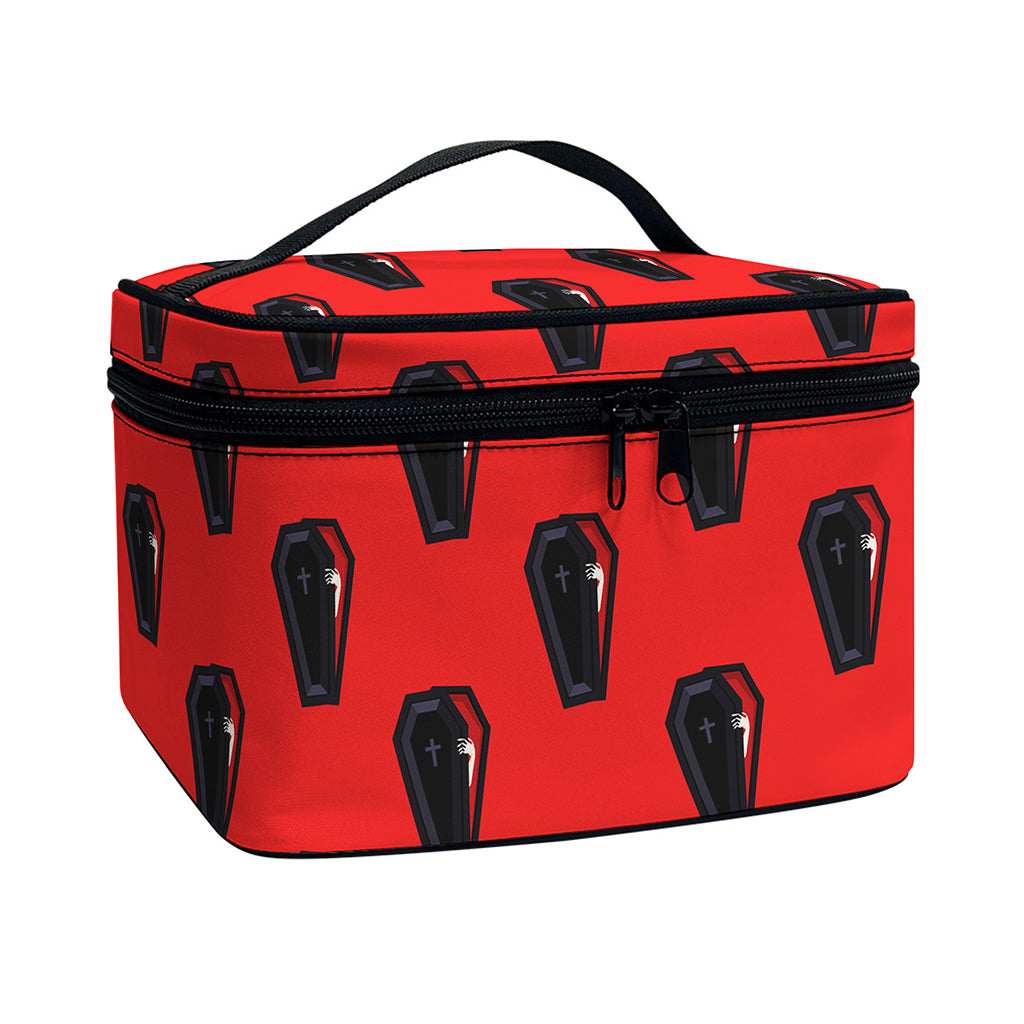 Orange Halloween Coffin Pattern Print Travel Makeup Bag