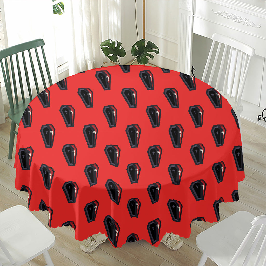 Orange Halloween Coffin Pattern Print Waterproof Round Tablecloth