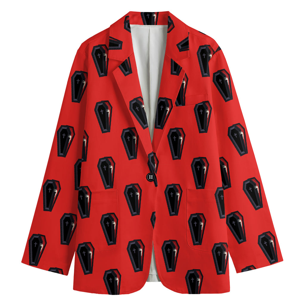 Orange Halloween Coffin Pattern Print Women's Cotton Blazer