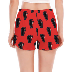 Orange Halloween Coffin Pattern Print Women's Split Running Shorts