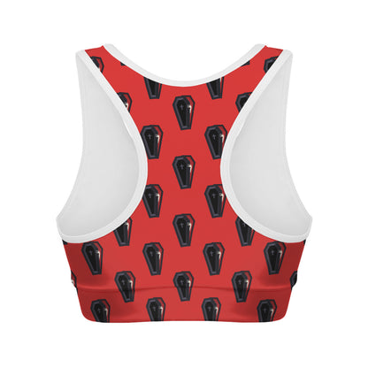 Orange Halloween Coffin Pattern Print Women's Sports Bra