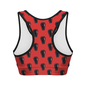 Orange Halloween Coffin Pattern Print Women's Sports Bra