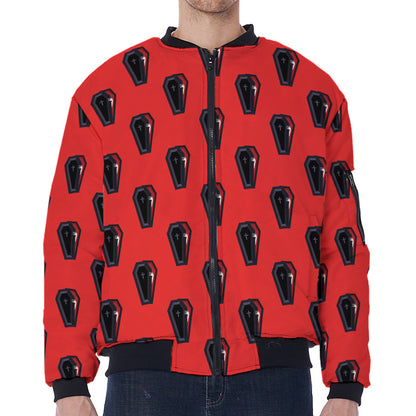 Orange Halloween Coffin Pattern Print Zip Sleeve Bomber Jacket