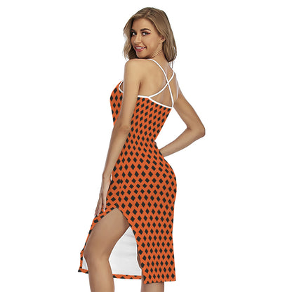 Orange Halloween Pattern Print Cross Back Cami Dress