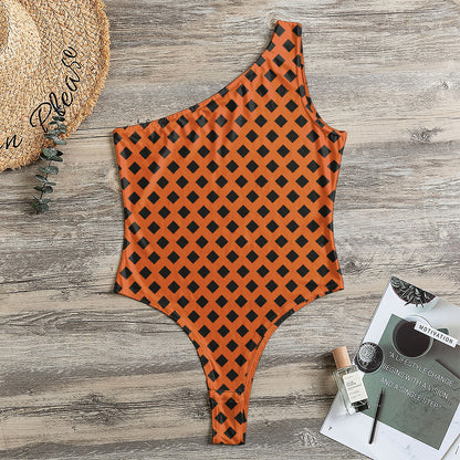 Orange Halloween Pattern Print One Shoulder Bodysuit