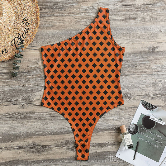 Orange Halloween Pattern Print One Shoulder Bodysuit