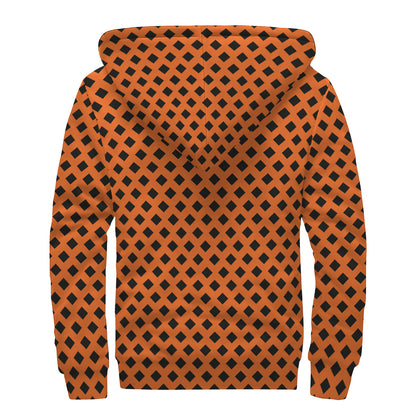 Orange Halloween Pattern Print Sherpa Lined Zip Up Hoodie