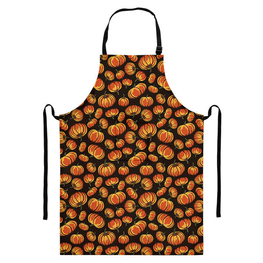 Orange Halloween Pumpkin Pattern Print Bib Apron With Pocket
