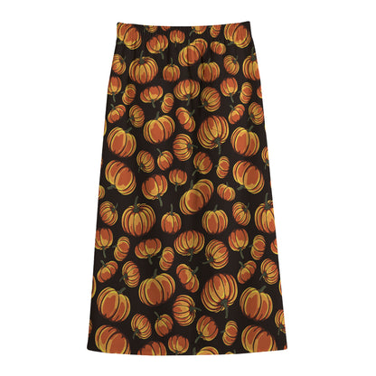 Orange Halloween Pumpkin Pattern Print Cotton Front Slit Maxi Skirt