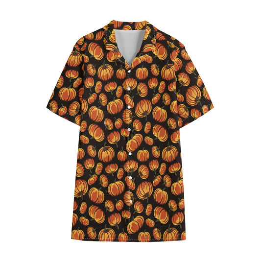 Orange Halloween Pumpkin Pattern Print Cotton Hawaiian Shirt