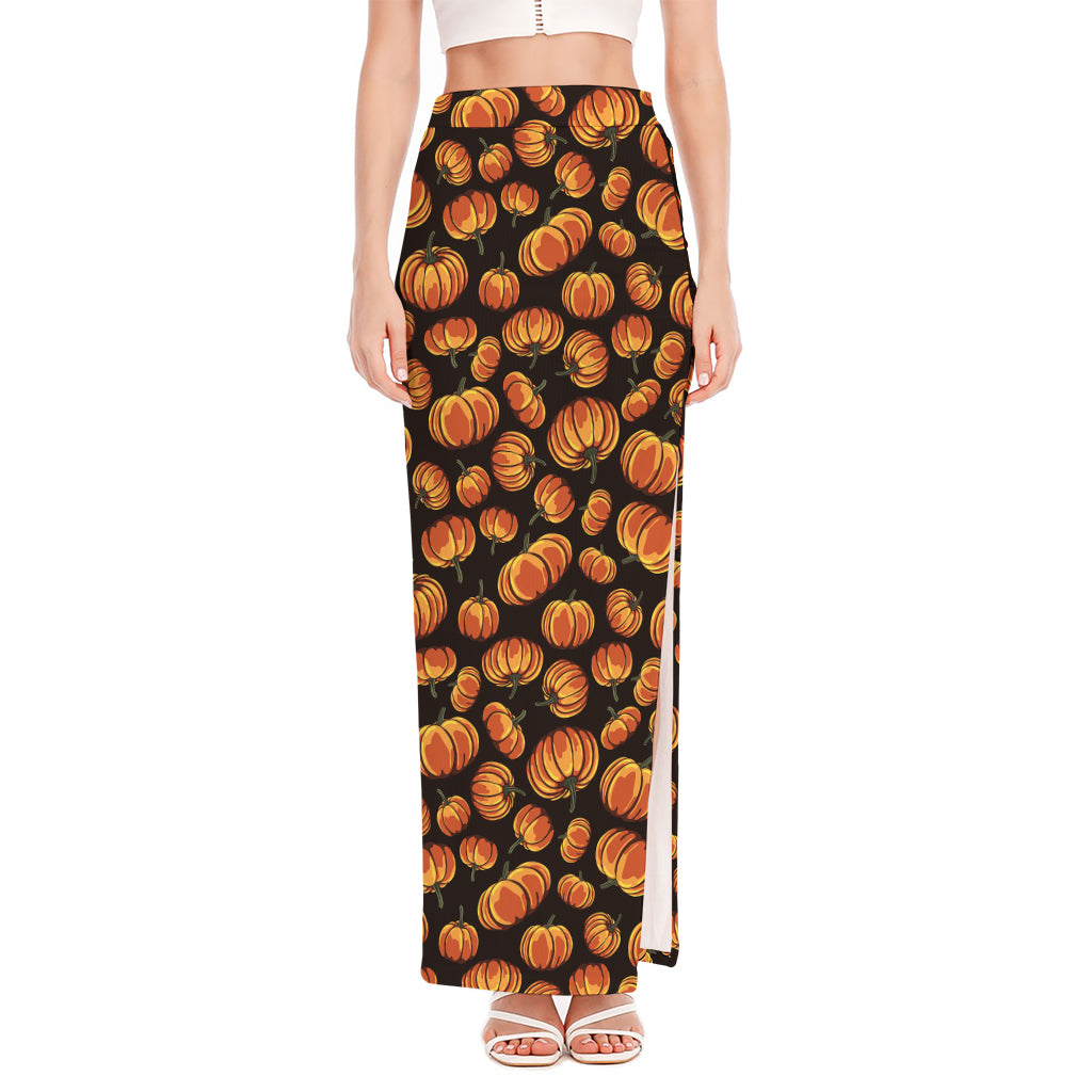 Orange Halloween Pumpkin Pattern Print High Slit Maxi Skirt
