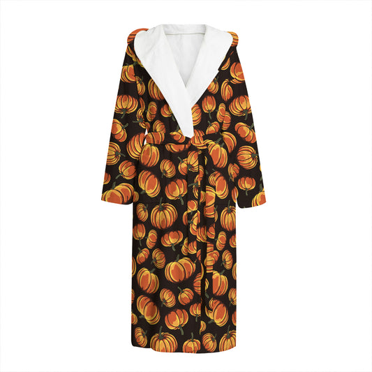 Orange Halloween Pumpkin Pattern Print Hooded Bathrobe