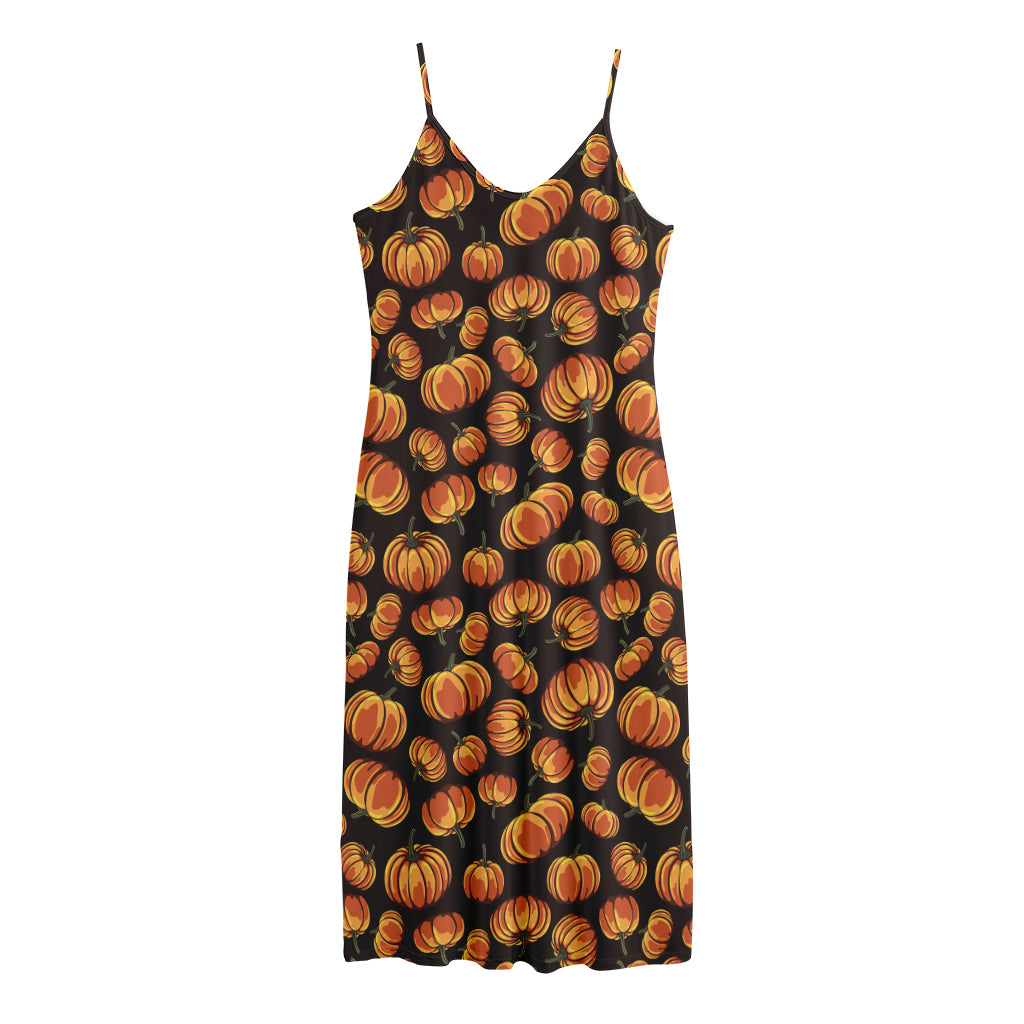 Orange Halloween Pumpkin Pattern Print Jersey Midi Cami Dress