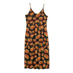 Orange Halloween Pumpkin Pattern Print Jersey Midi Cami Dress