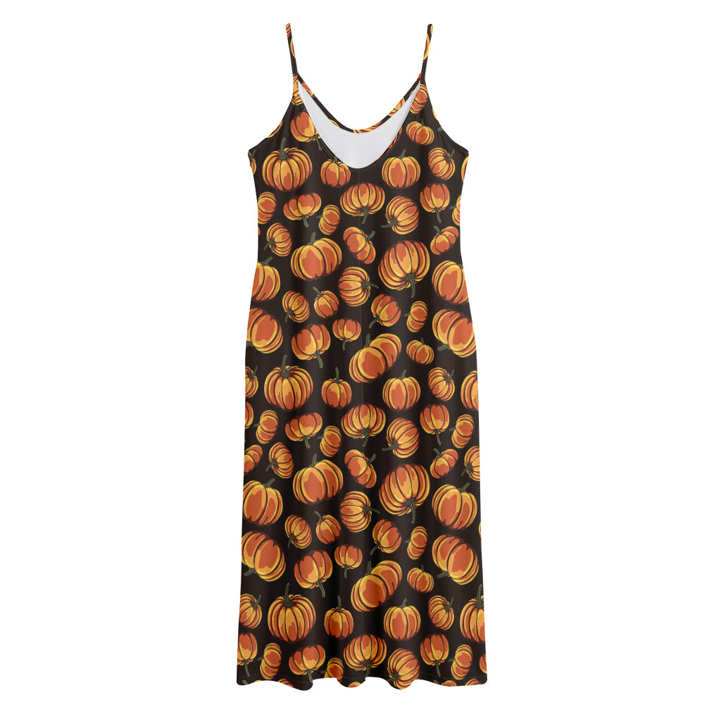 Orange Halloween Pumpkin Pattern Print Jersey Midi Cami Dress