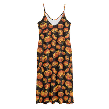 Orange Halloween Pumpkin Pattern Print Jersey Midi Cami Dress