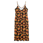 Orange Halloween Pumpkin Pattern Print Jersey Midi Cami Dress