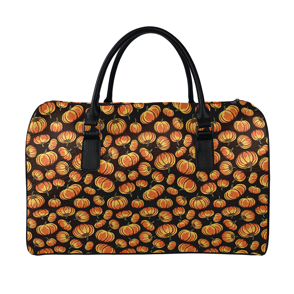 Orange Halloween Pumpkin Pattern Print Leather Duffle Bag