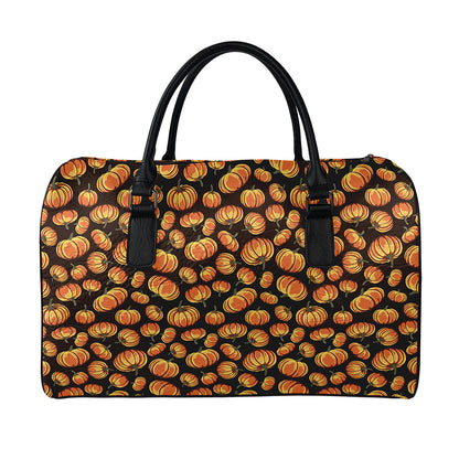 Orange Halloween Pumpkin Pattern Print Leather Duffle Bag
