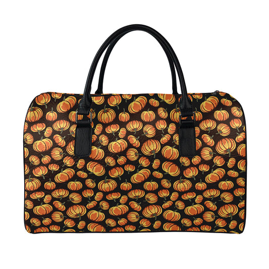 Orange Halloween Pumpkin Pattern Print Leather Duffle Bag