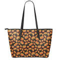 Orange Halloween Pumpkin Pattern Print Leather Tote Bag With Zipper
