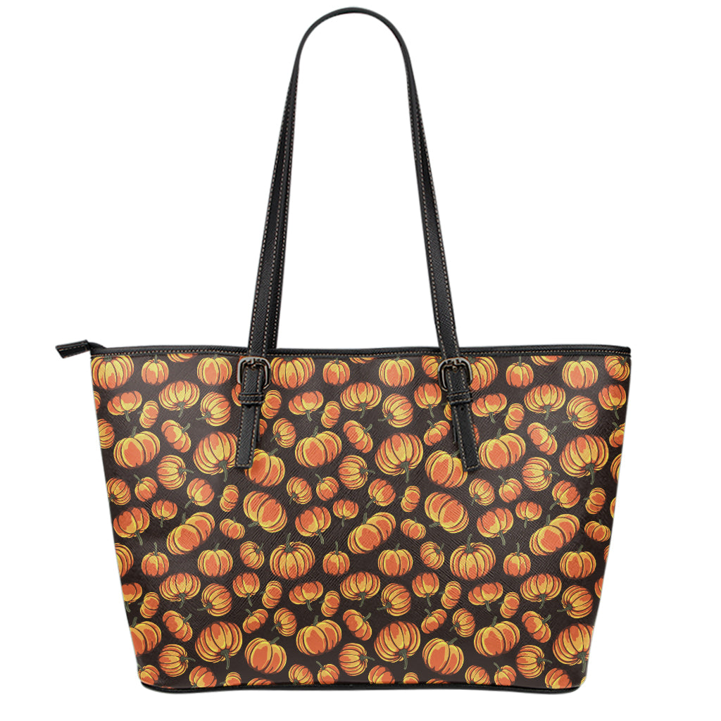 Orange Halloween Pumpkin Pattern Print Leather Tote Bag