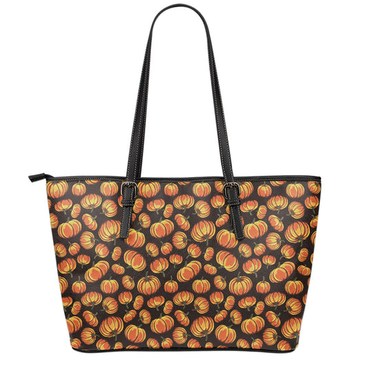 Orange Halloween Pumpkin Pattern Print Leather Tote Bag