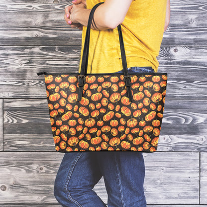 Orange Halloween Pumpkin Pattern Print Leather Tote Bag