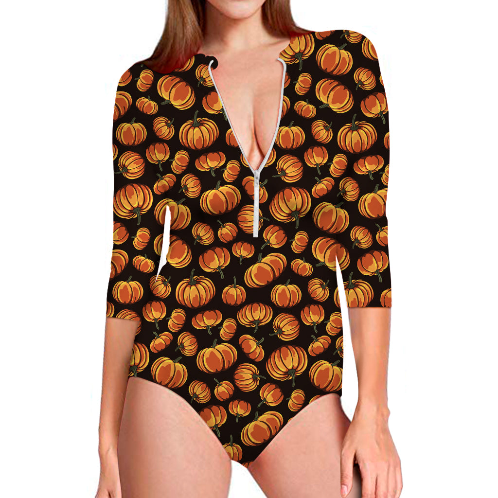 Orange Halloween Pumpkin Pattern Print Long Sleeve Swimsuit