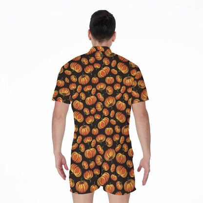 Orange Halloween Pumpkin Pattern Print Men's Rompers