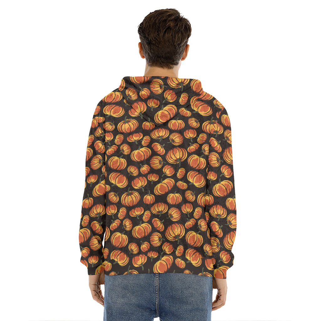 Orange Halloween Pumpkin Pattern Print Men's Velvet Pullover Hoodie