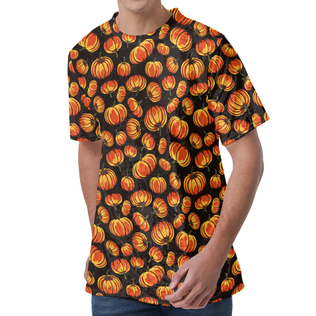 Orange Halloween Pumpkin Pattern Print Men's Velvet T-Shirt