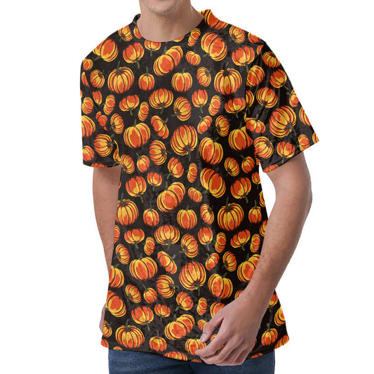 Orange Halloween Pumpkin Pattern Print Men's Velvet T-Shirt