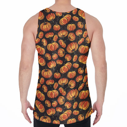 Orange Halloween Pumpkin Pattern Print Men's Velvet Tank Top