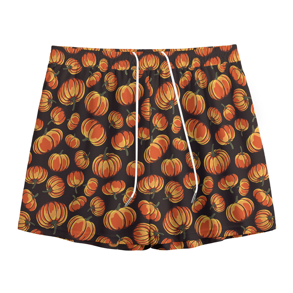 Orange Halloween Pumpkin Pattern Print Mesh Shorts