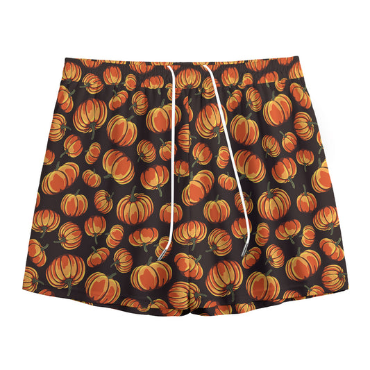 Orange Halloween Pumpkin Pattern Print Mesh Shorts