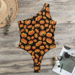 Orange Halloween Pumpkin Pattern Print One Shoulder Bodysuit