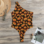 Orange Halloween Pumpkin Pattern Print One Shoulder Bodysuit