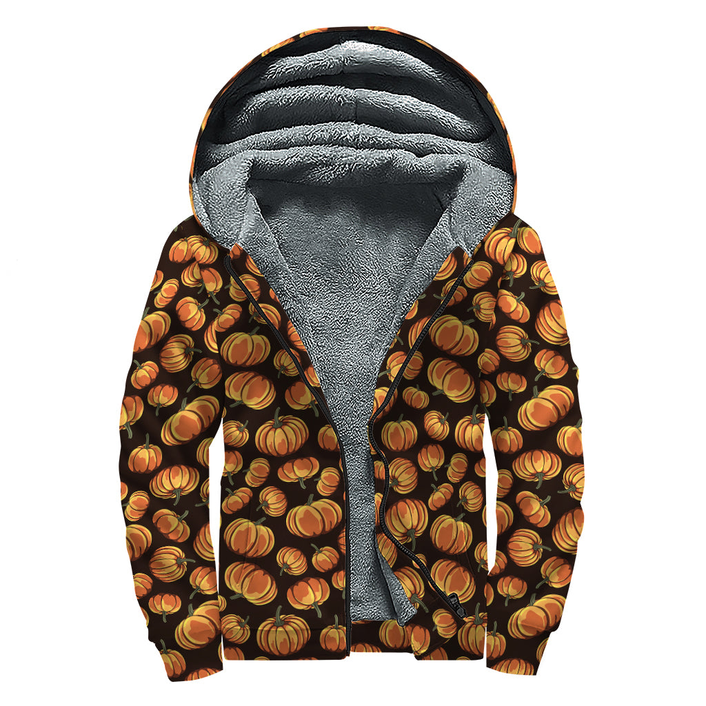 Orange Halloween Pumpkin Pattern Print Sherpa Lined Zip Up Hoodie
