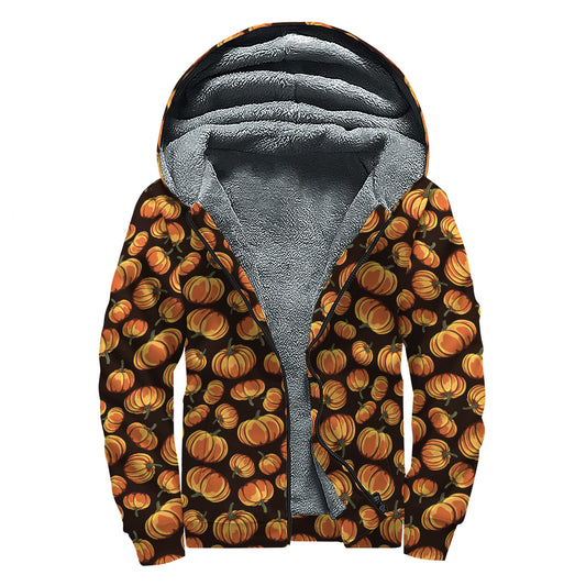 Orange Halloween Pumpkin Pattern Print Sherpa Lined Zip Up Hoodie