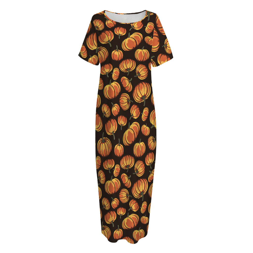 Orange Halloween Pumpkin Pattern Print Short Sleeve Long Nightdress